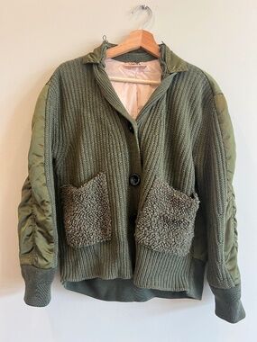 N°21 Olive Mixed Media Hooded Knit Bomber Jacket Size 36